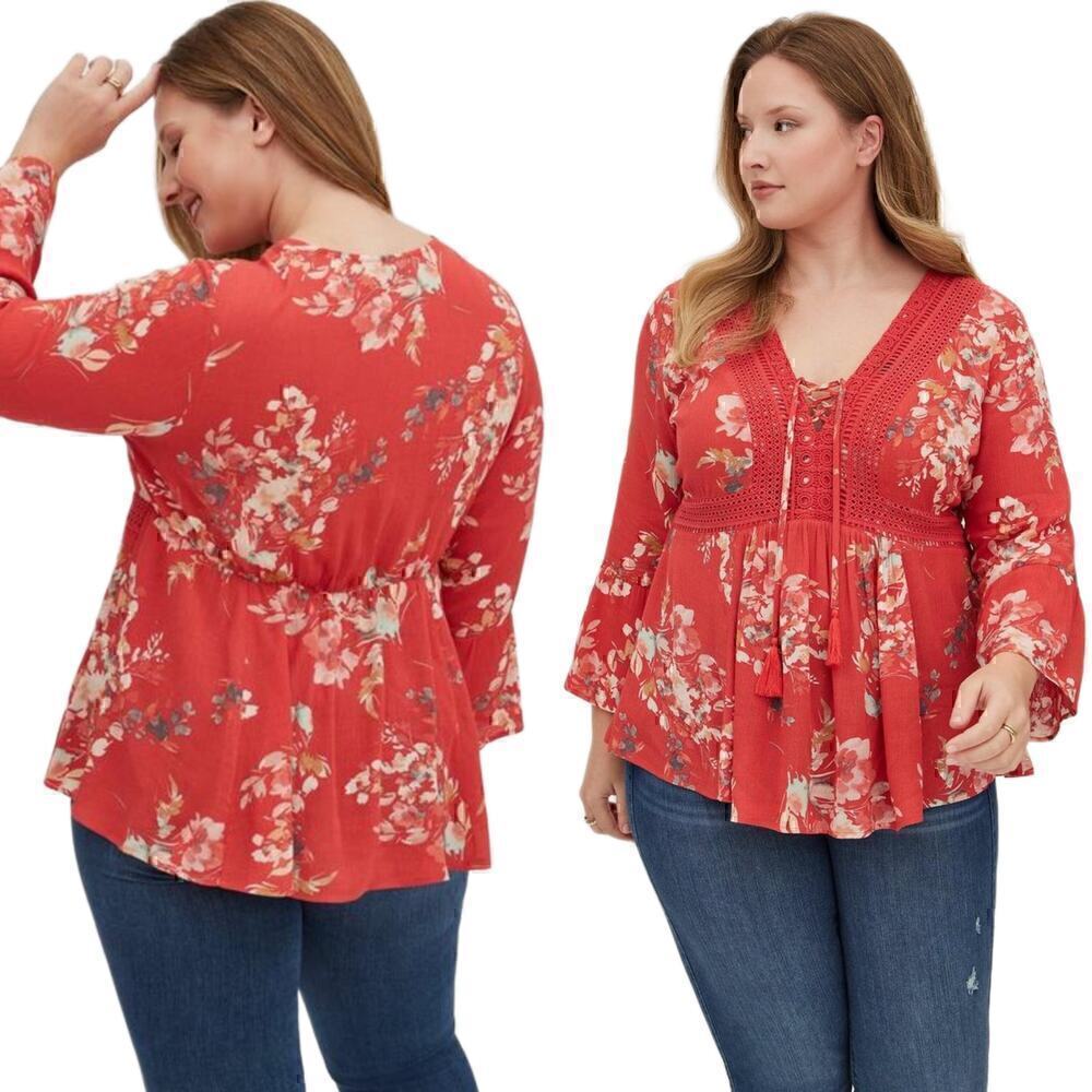 Torrid Floral Print Boho Babydoll Gauze Crochet Trim Lace-Up Blouse Size 2X